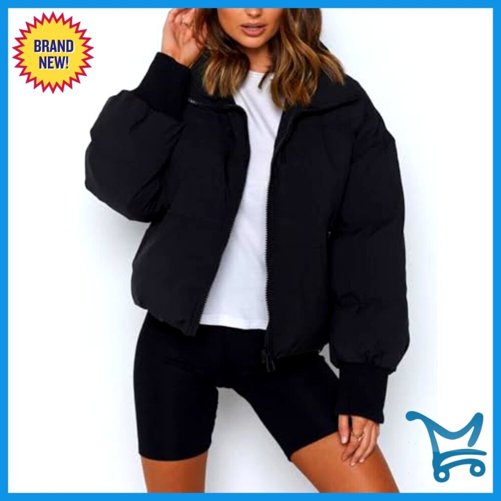 Cropped Puffer Jacket Quilted Lightweight Winter Coat Chic Warm Outerwear - Picture 3 of 7